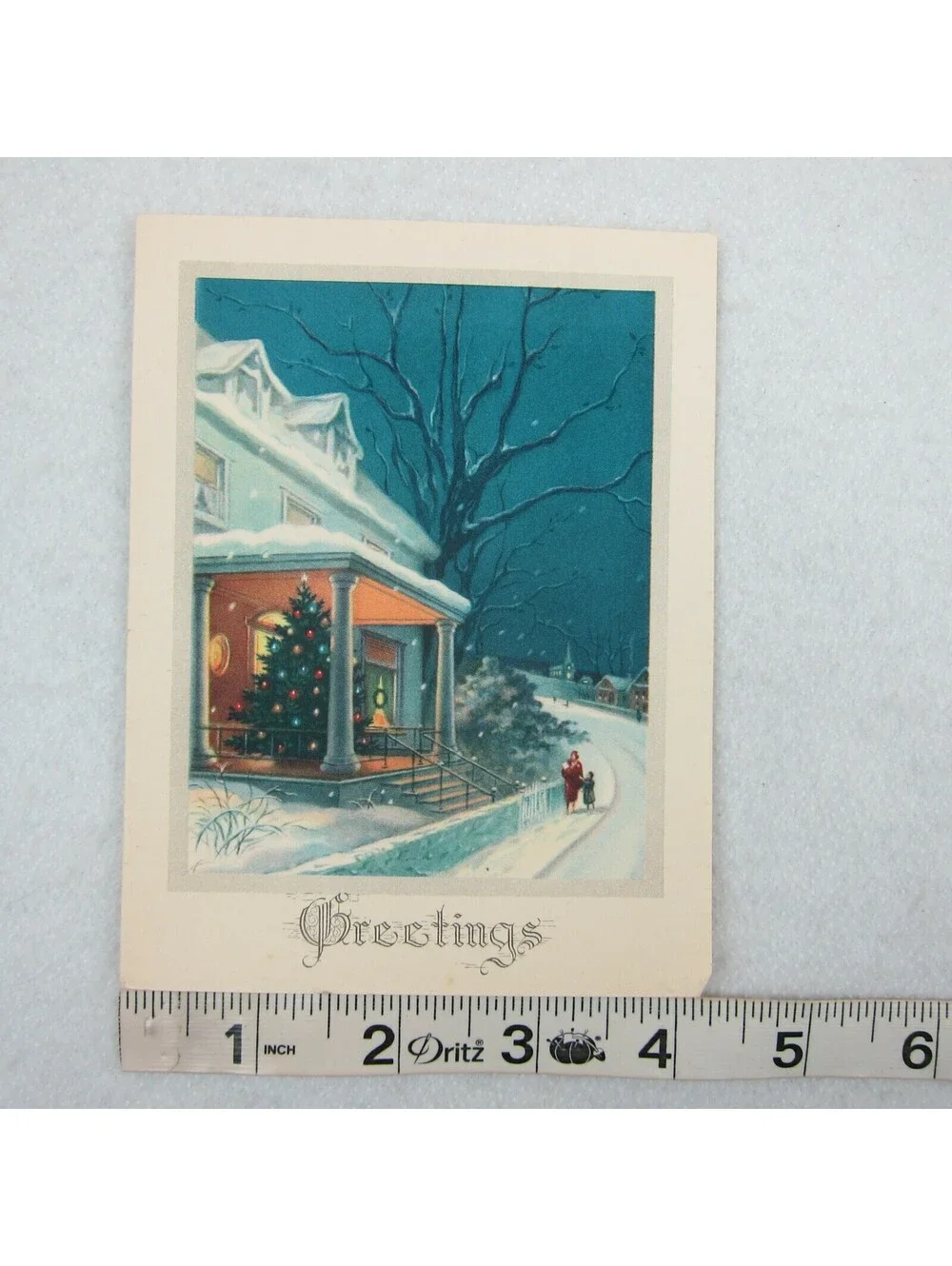 Vintage Litho Greeting Christmas Card & Envelope Snowy Night House Tree UNSIGNED